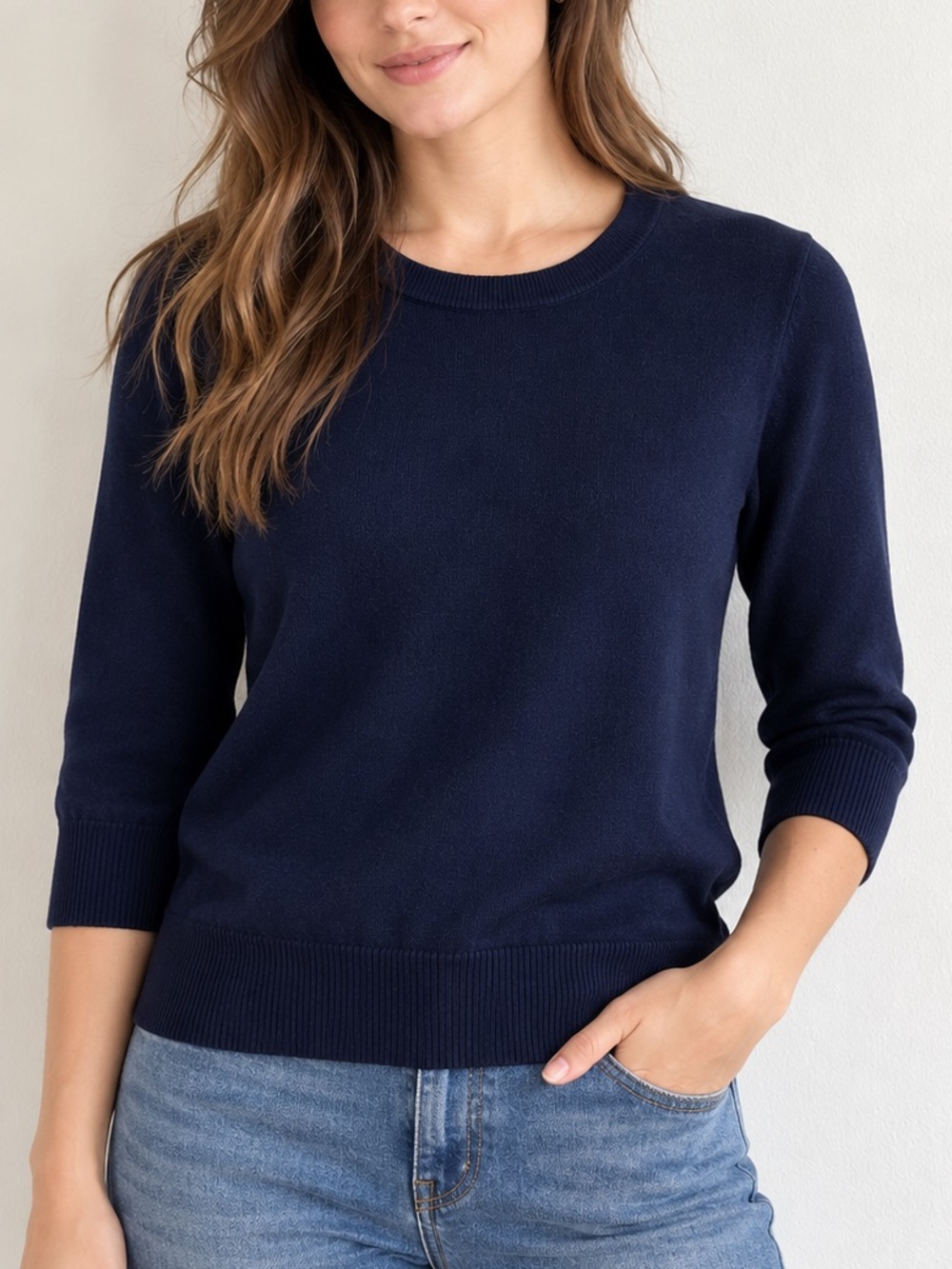J. Crew 100% Merino Wool Navy Crewneck Sweater Size M 3/4 Sleeve